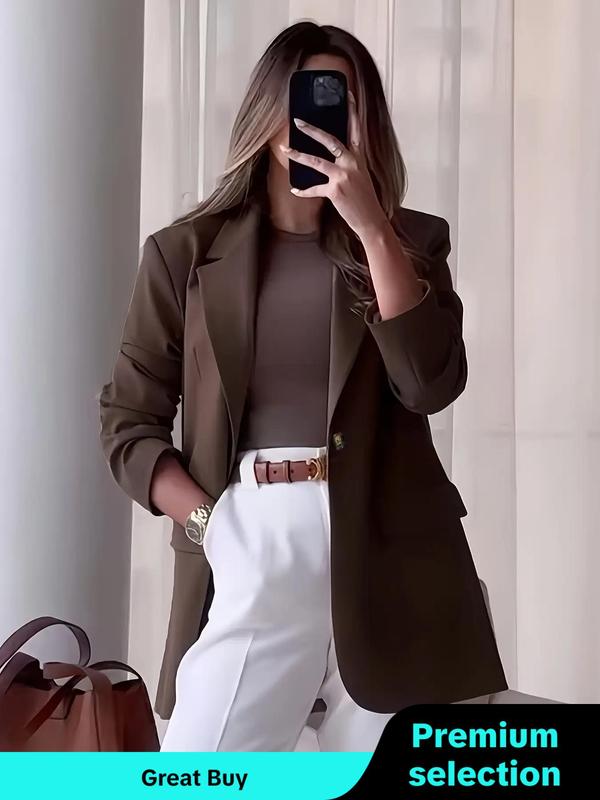 Women's Solid Button Lapel Neckline Blazer, Elegant Long Sleeve Outerwear for Work Office Business, Ladies Spring & Fall Clothes